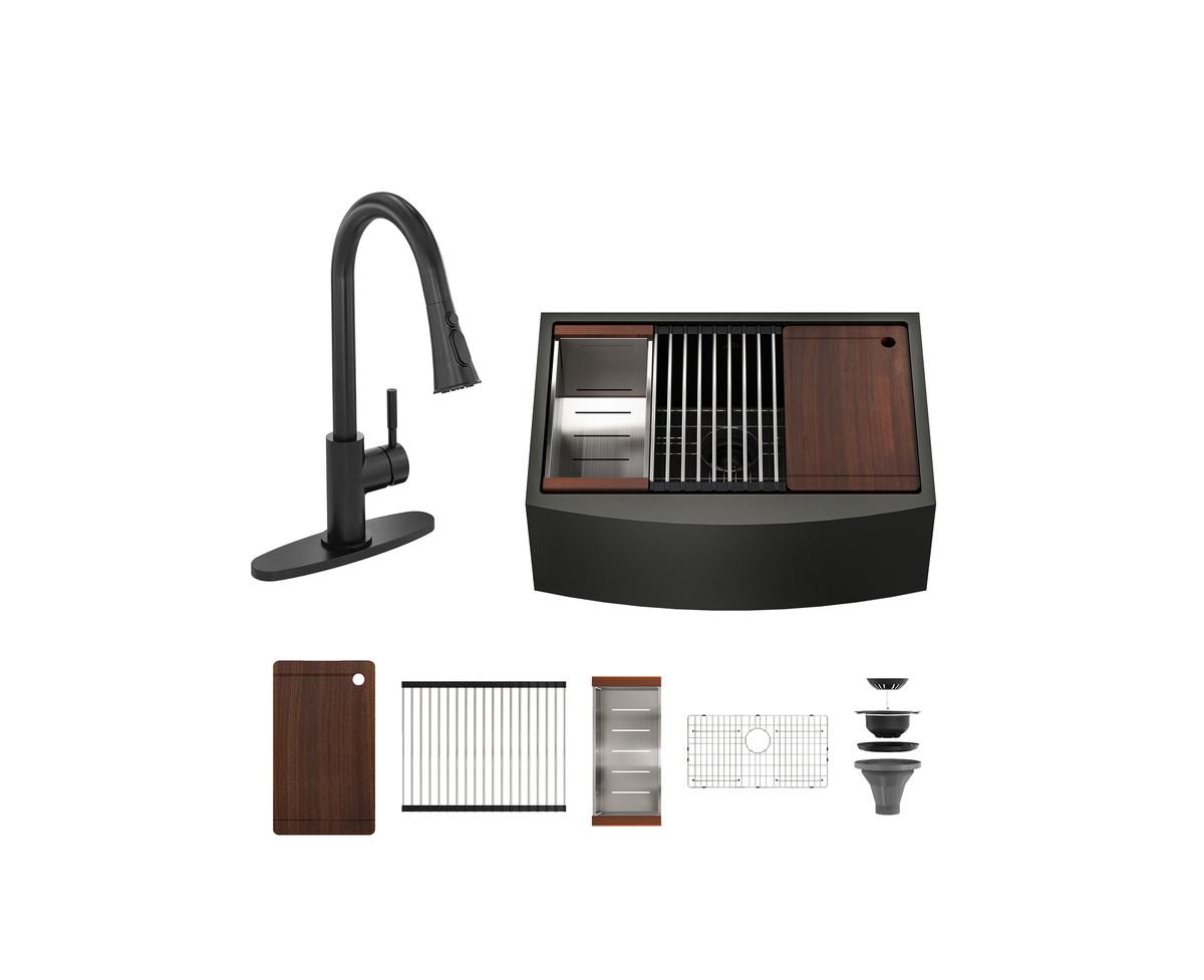 33" L x 22" W Farmhouse Stainless Steel Kitchen Sink with Faucet Included - Gunmetal black