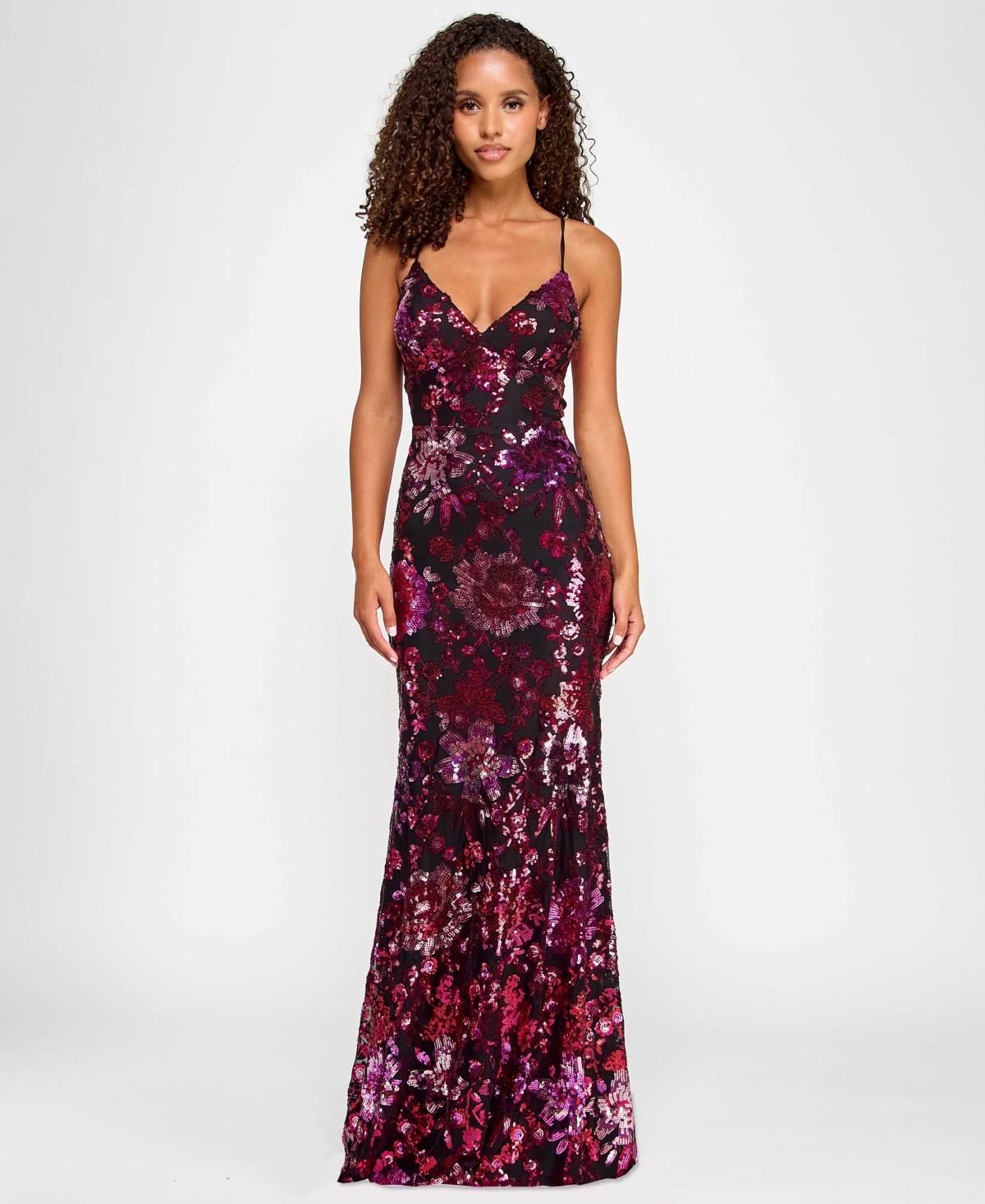 Juniors' Sequin Embellished V-Neck Sleeveless Gown, Created for Macy's - Red/magenta