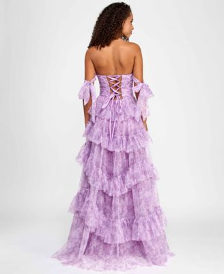 Juniors' Floral-Print Tiered Off-The-Shoulder Ball Gown, Created for Macy's
