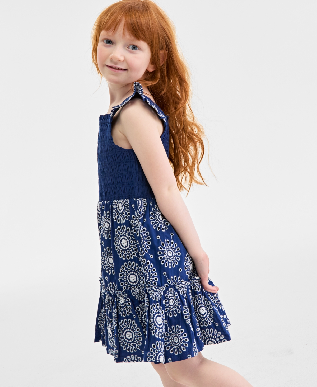 On 34th Toddler Girls Mommy & Me Cotton Eyelet Smocked Flutter-sleeve Dress, Exclusively At Macy's In Blazing Navy