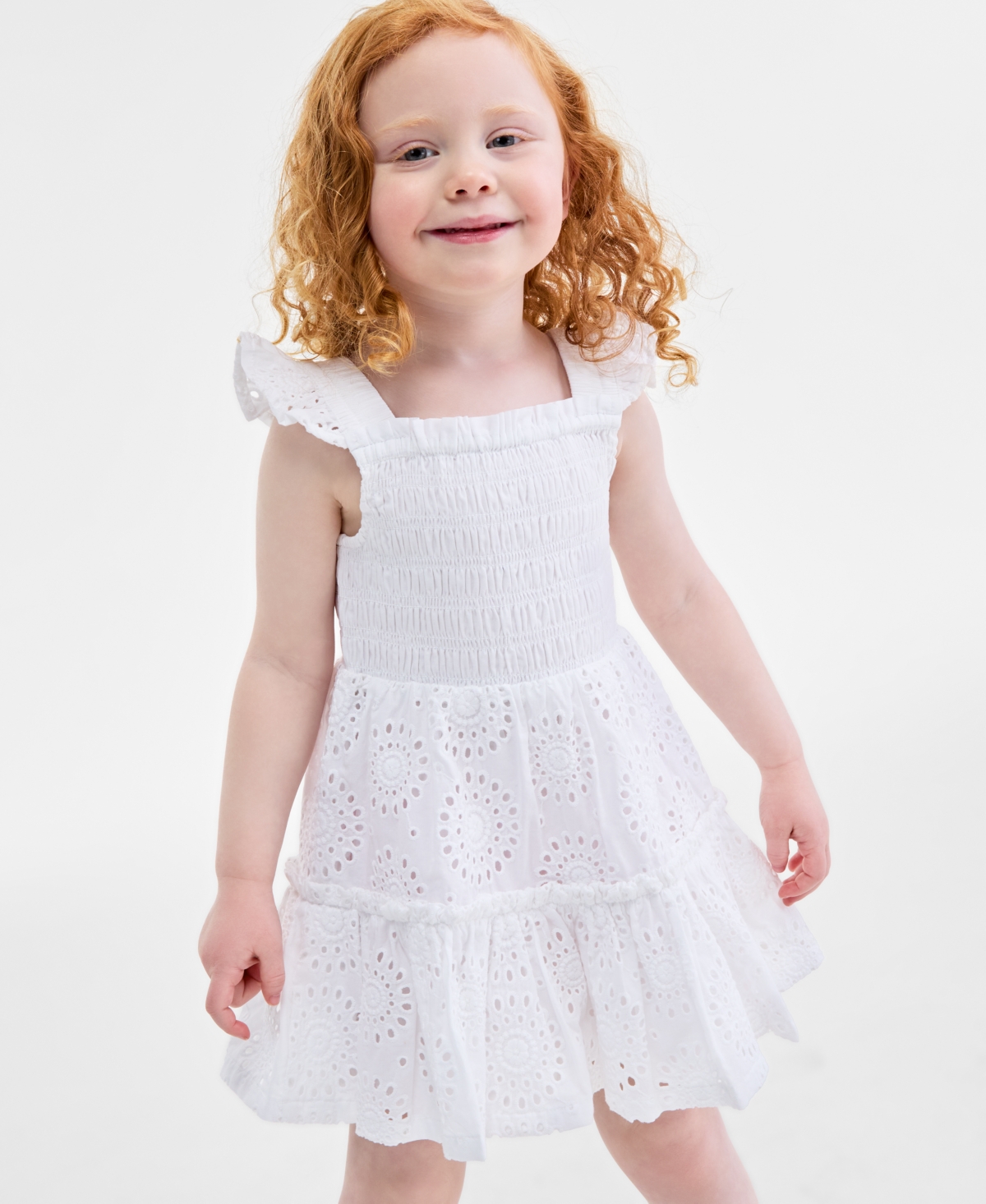 On 34th Cotton Eyelet-embroidered Smocked Dress In Bright White