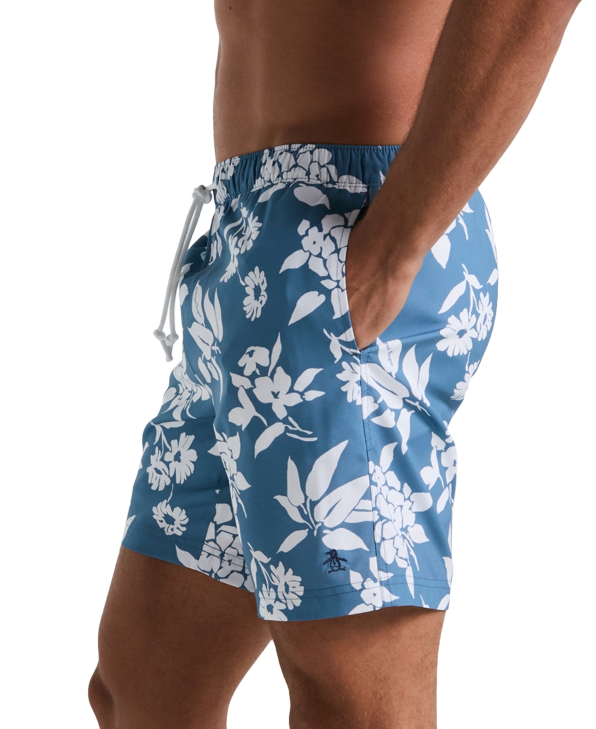 Original Penguin Men's Slim Fit Floral Print Drawstring 7" Swim Trunks In Copen Blue