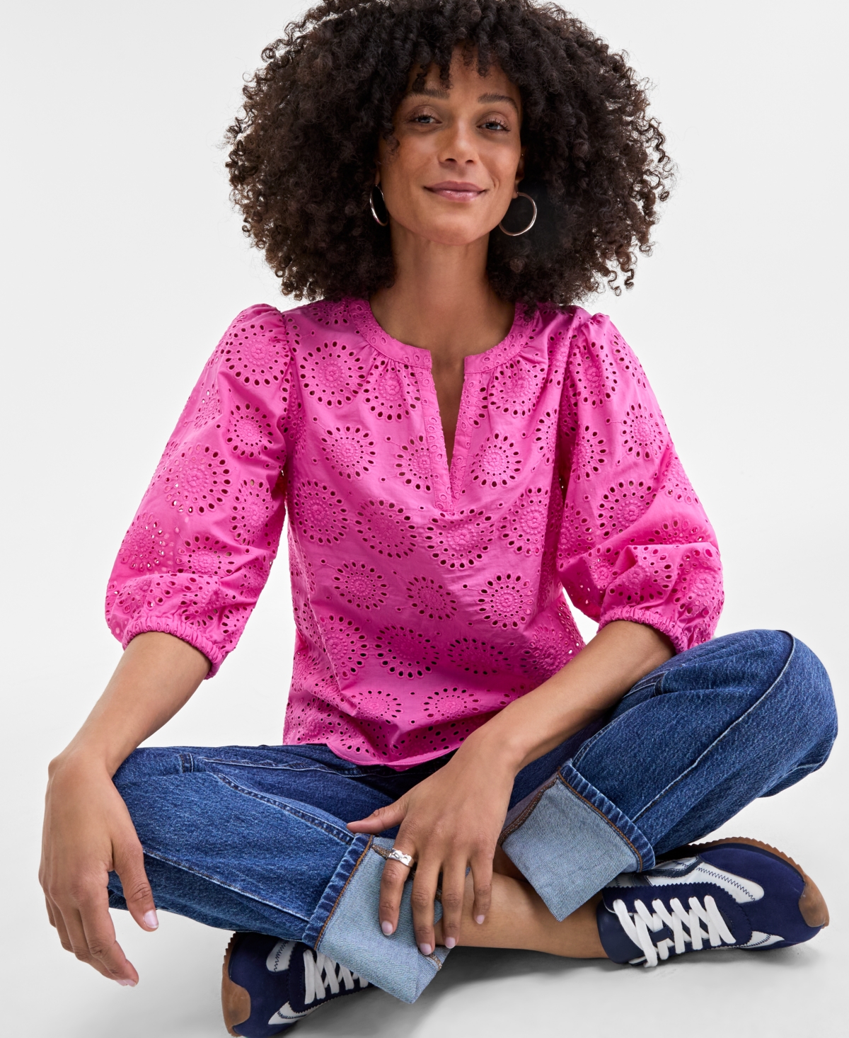 Women's Solid Eyelet Puff-Sleeve Blouse, Created for Macy's - Strawberry