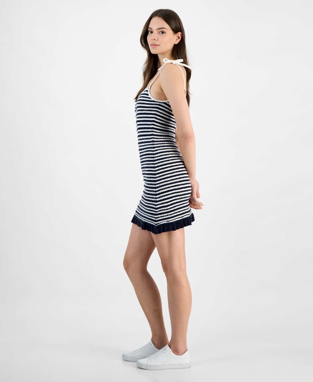 Tommy Jeans Women's Striped Ruffled-hem Sweater Dress In Dark Night Navy,stripe