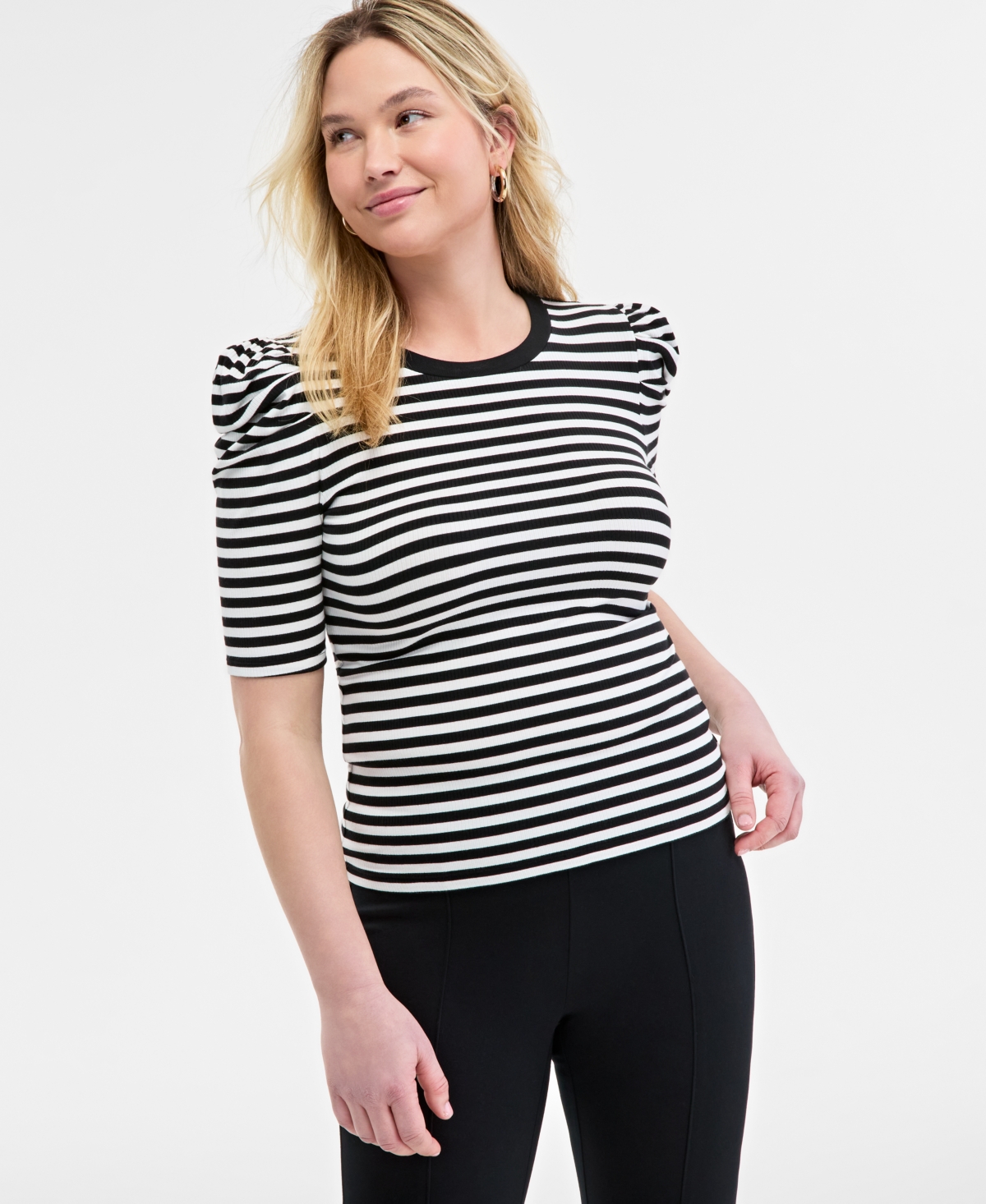 Women's Knit Stripe Volume-Sleeve Top, Exclusively at Macy's - Deep Black Combo