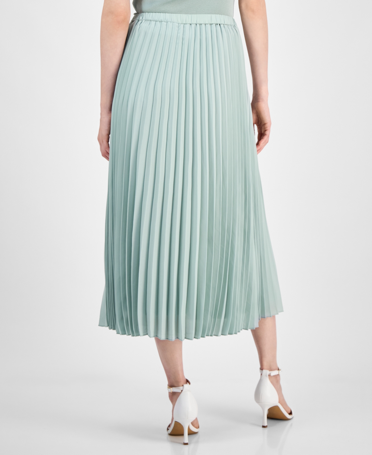 Shop Anne Klein Women's Pleated Pull-on Belted Midi Skirt In Soft Aloe