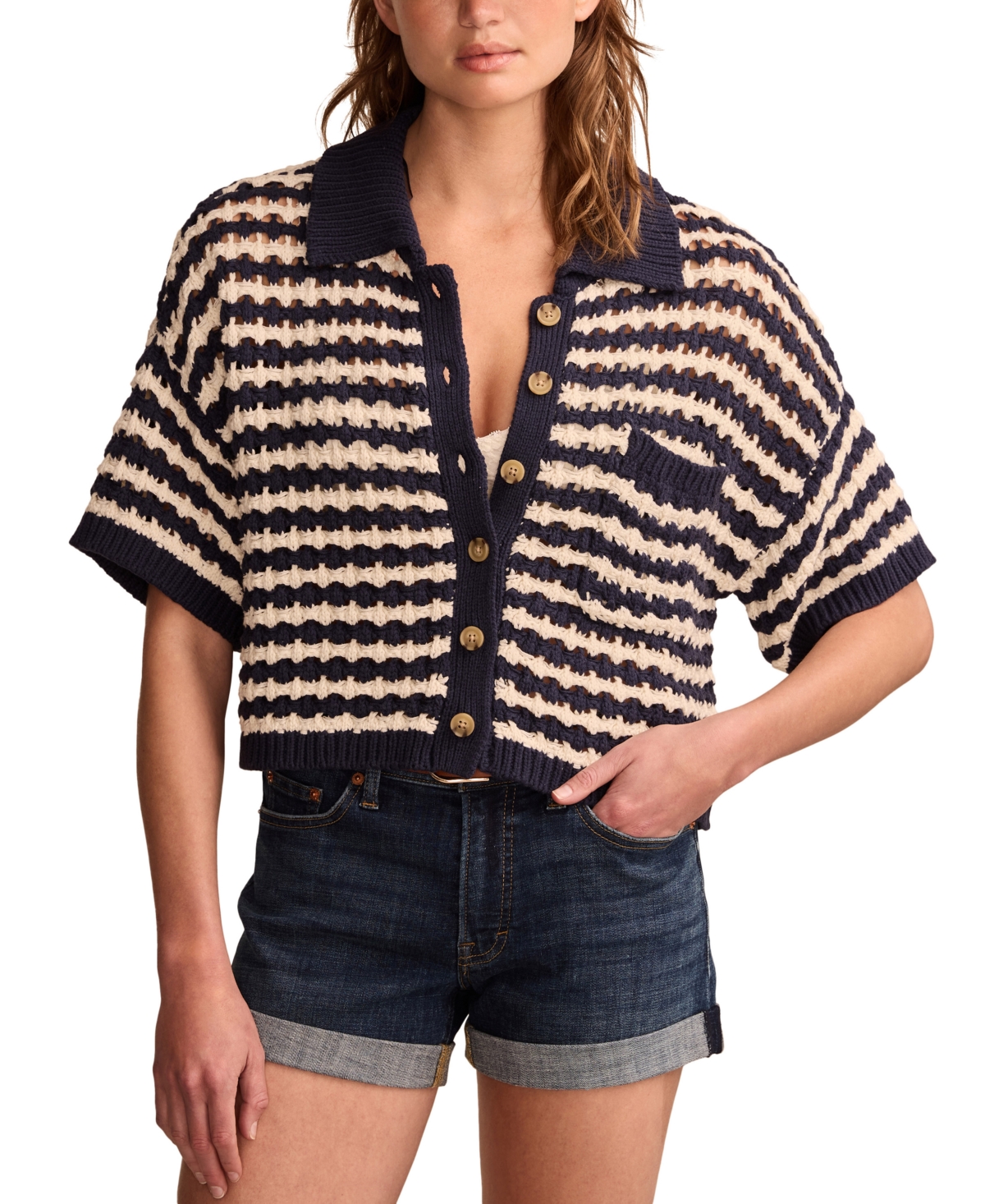 Shop Lucky Brand Women's Button-down Short-sleeve Pointelle Polo Top In Cadet Navy Multi Stripe