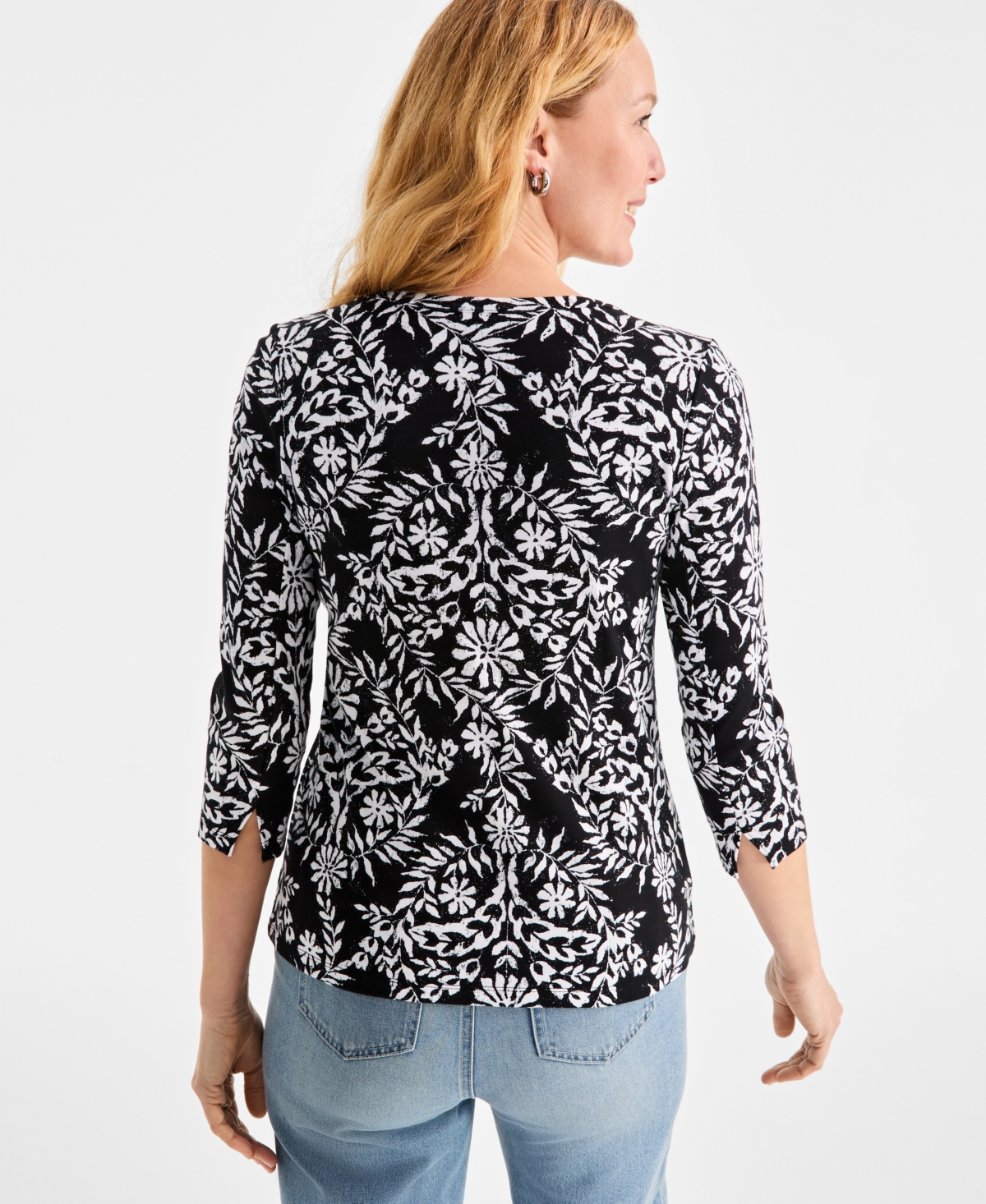 Style & Co Women's Printed Pima Cotton 3/4-sleeve Top, Exclusively At Macy's In Floral Black