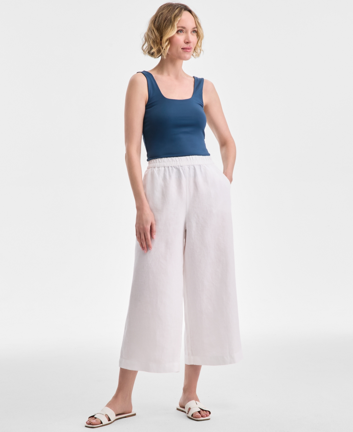 Petite High-Rise Linen Wide-Leg Pants, Exclusively at Macy's - Bright White