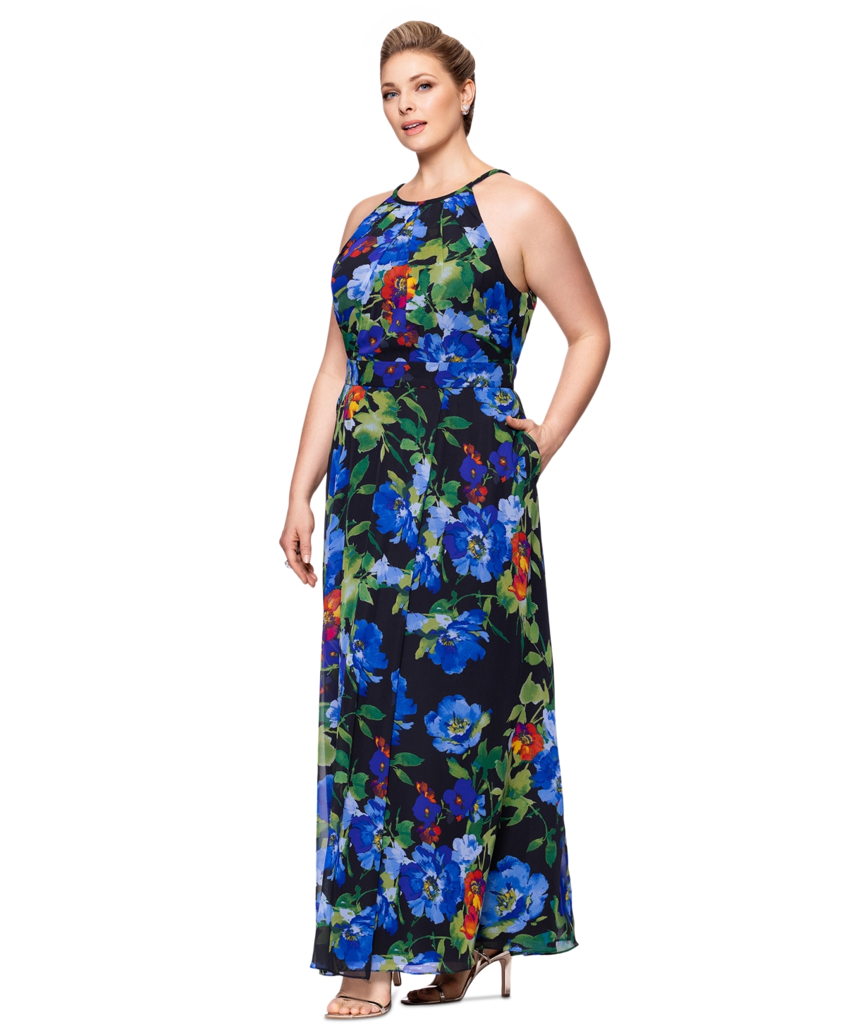 BETSY & ADAM BETSY & ADAM PLUS SIZE FLORAL-PRINT HALTER GOWN 