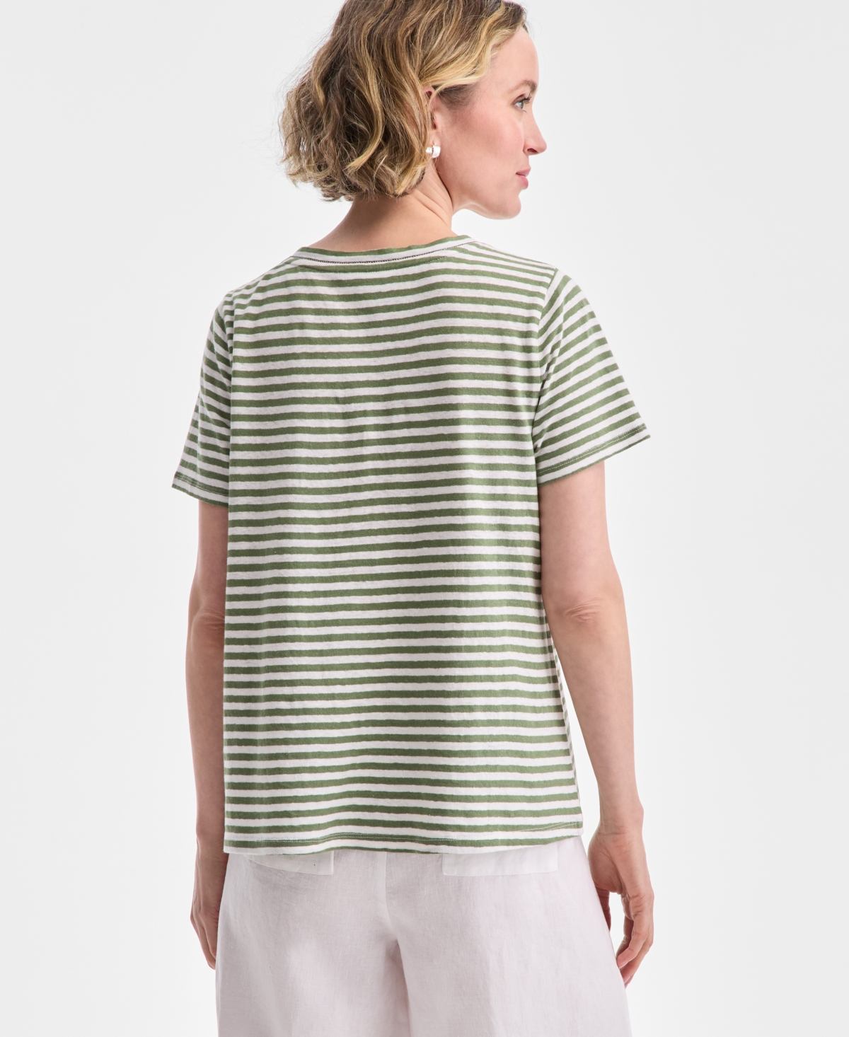 CHARTER CLUB WOMEN'S STRIPED CREWNECK SHORT-SLEEVE LINEN-BLEND TOP, EXCLUSIVELY AT MACY'S 