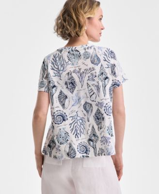 Charter Club Women's Printed Crewneck Short-Sleeve Linen-Blend Top, Exclusively at Macy's