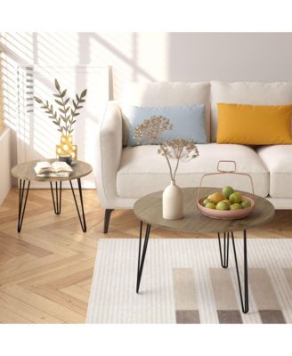 27.56'' Round Nesting Coffee Table Set of 2, Circular Nesting End Table Set, Round Wooden Tabletop, and Sturdy Metal Base, Brown