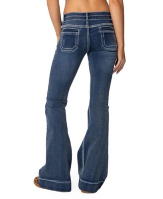 Womens Contrast Stitch Low Rise Flared Jeans