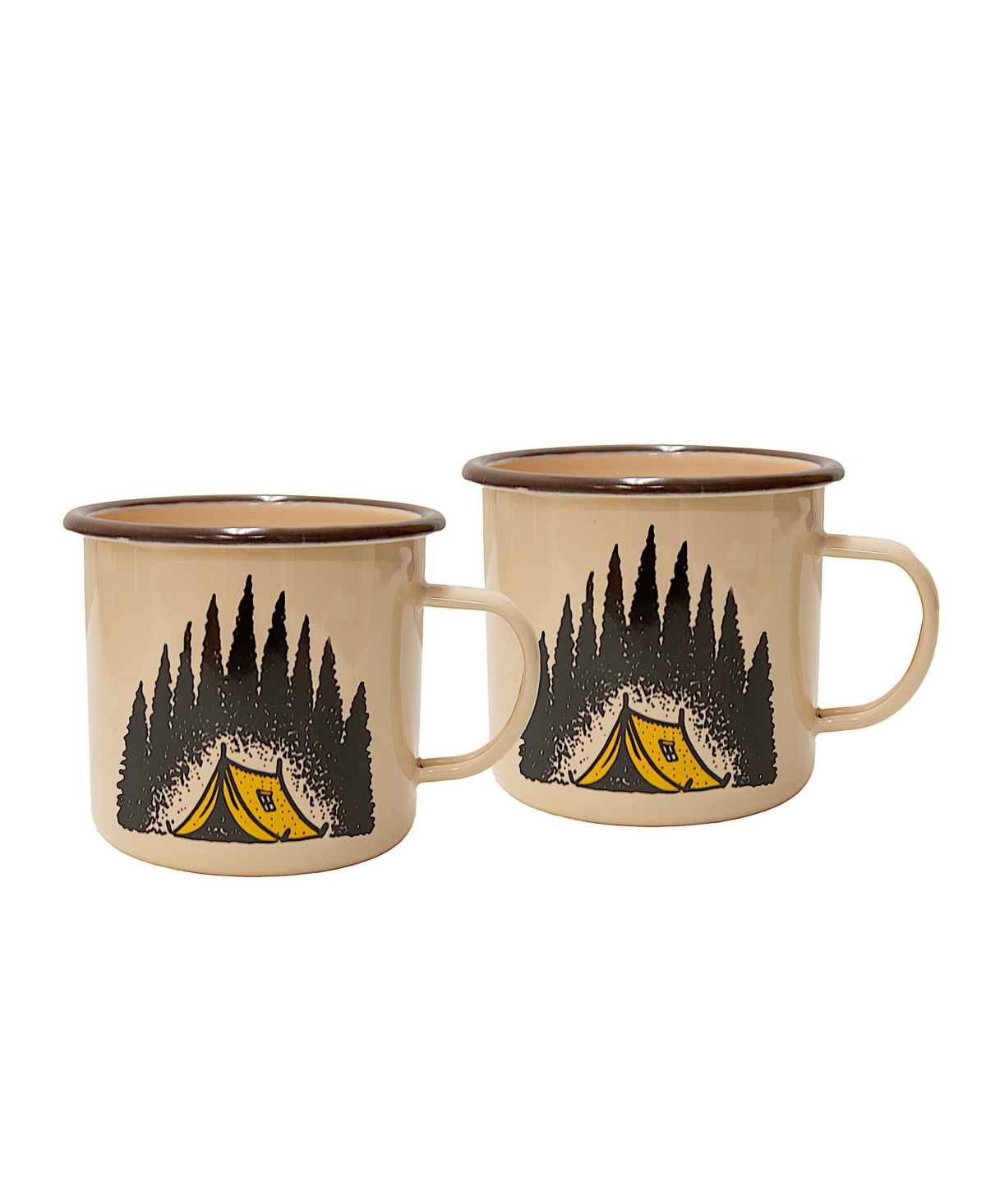 24 Oz Camp Scene Enamel Mug Set - 2 Pack - Beige with brown rim