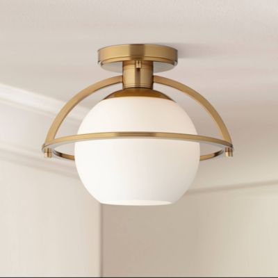 Oblys 12" Modern Semi Flush-Mount Ceiling Light Fixture Kitchen Foyer Round Warm Brass Finish White Glass