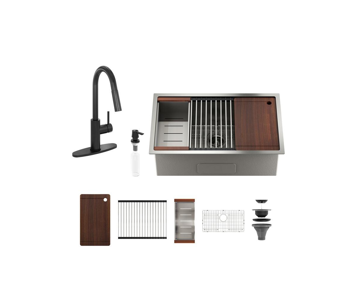 30" L x 19" W Drop-in Stainless Steel Kitchen Sink with Touchless Faucet Included - Black faucet