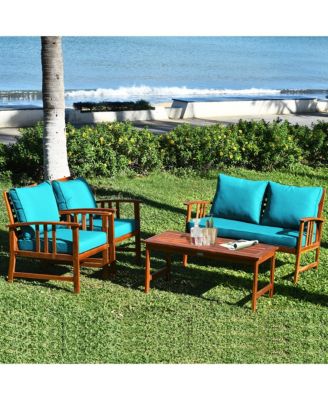 8PCS Wooden Patio Furniture Set Table Sofa Chair Cushioned Garden