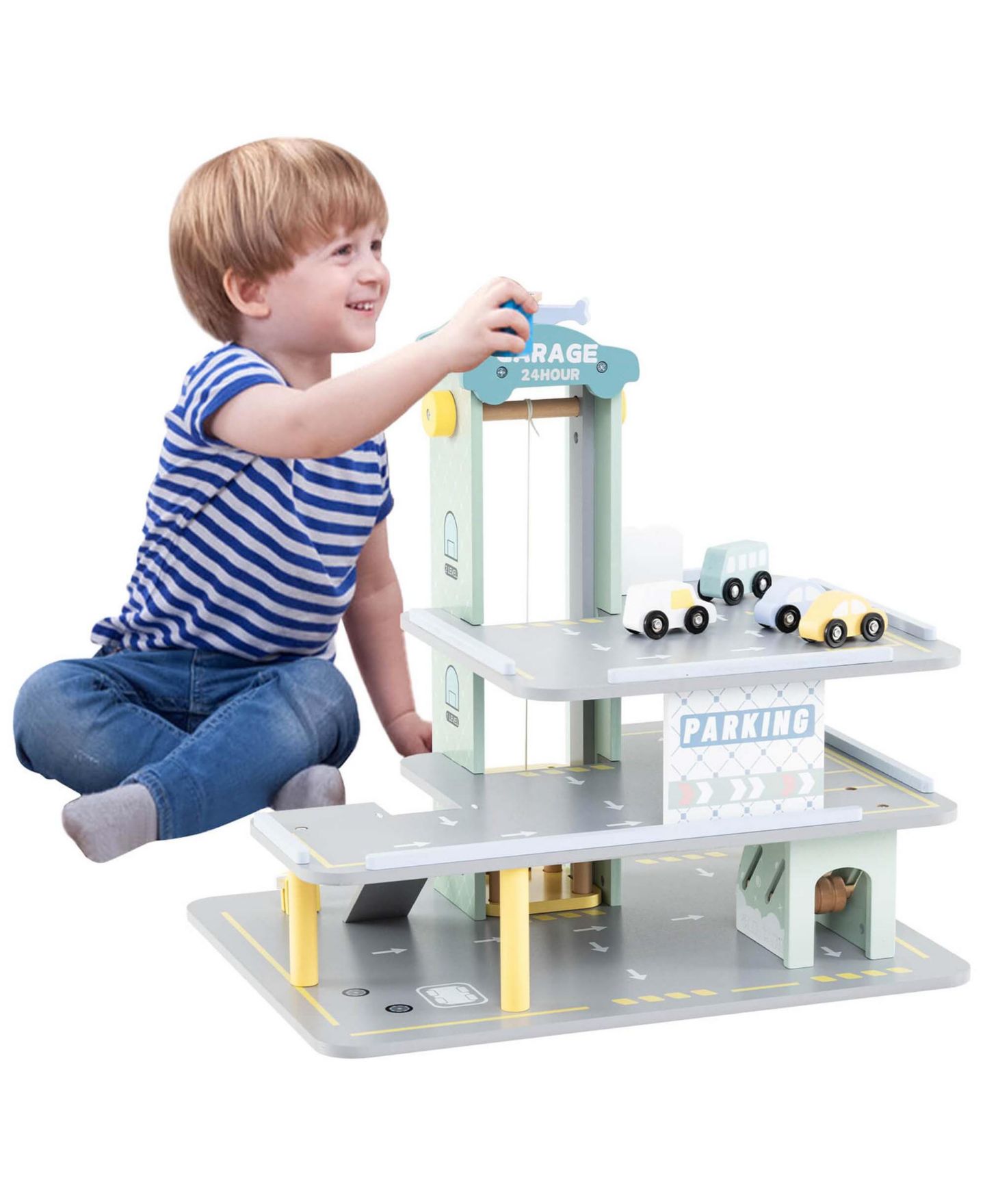 Детский игровой набор Costway 3-Tier Wooden Garage Playset with Working Elevator Helipad Ramp Car, цвет: Серый — фото 1