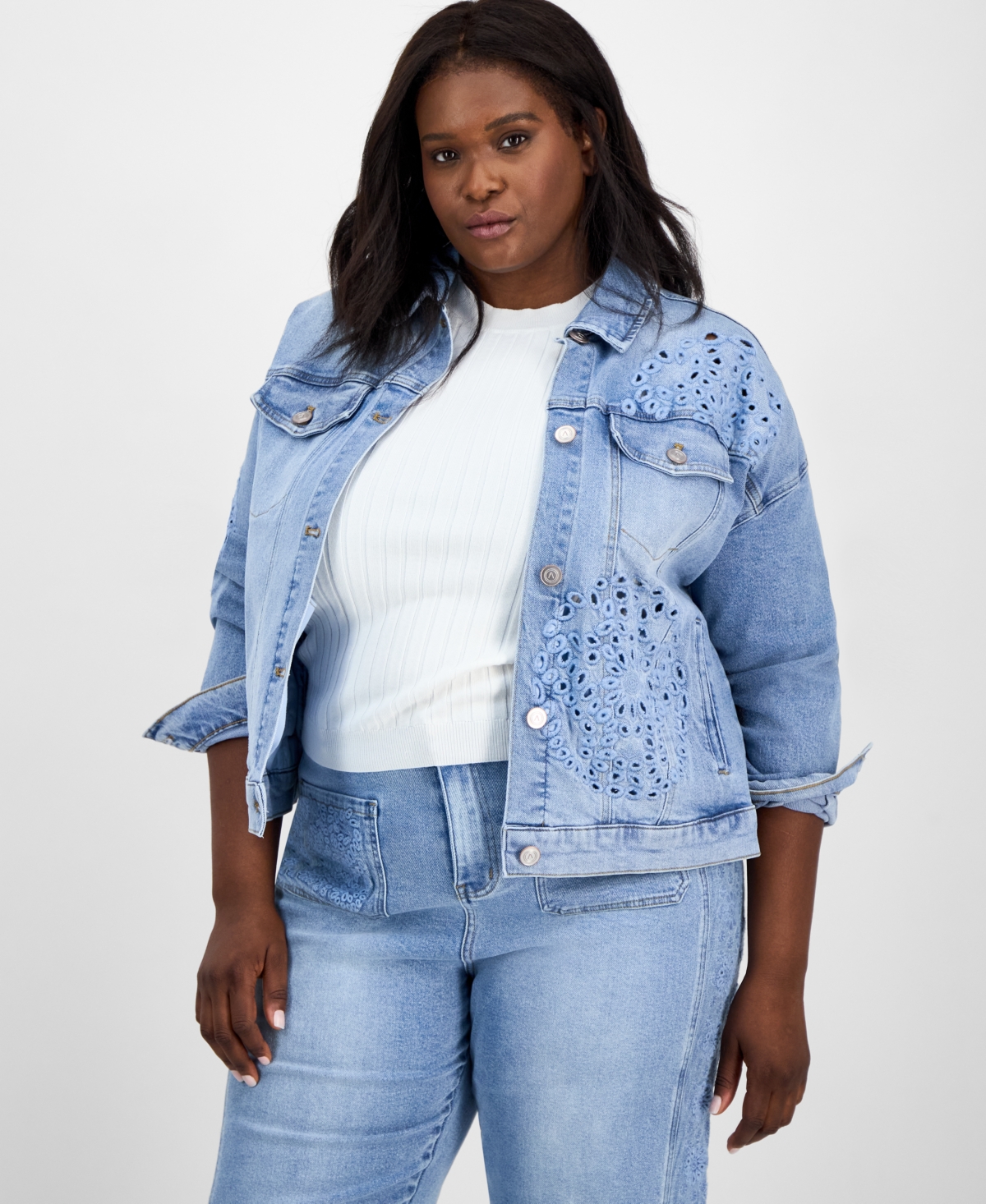 Trendy Plus Cutwork Button-Front Denim Jacket, Exclusively at Macy's - Matilda