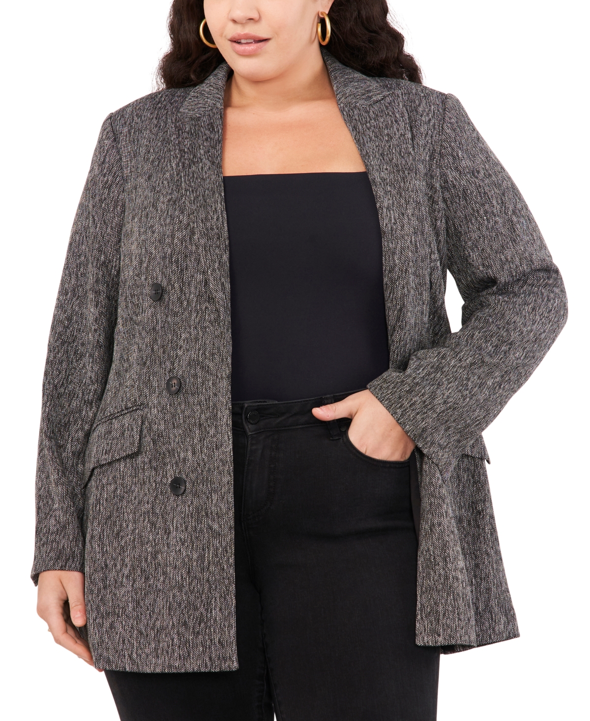 Plus Size Double-Breasted Shawl-Collar Jacket - Rich Black