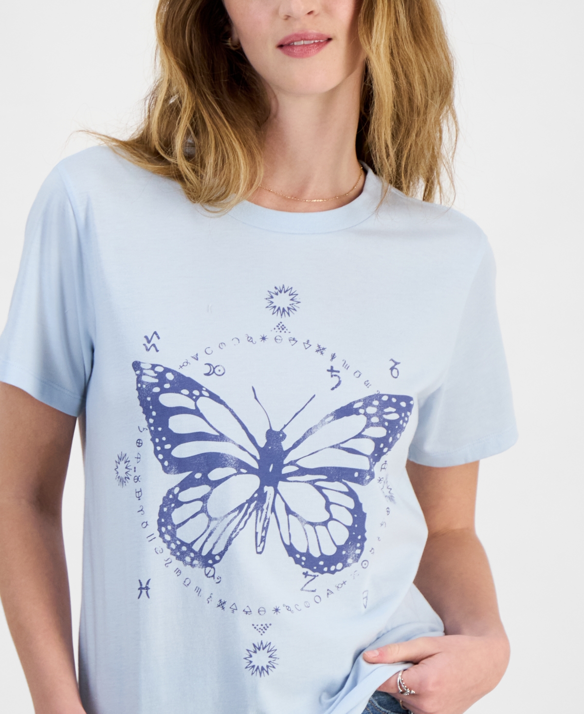 Grayson Threads, The Label Juniors' Celestial Butterfly Graphic T-shirt In Baby Blue