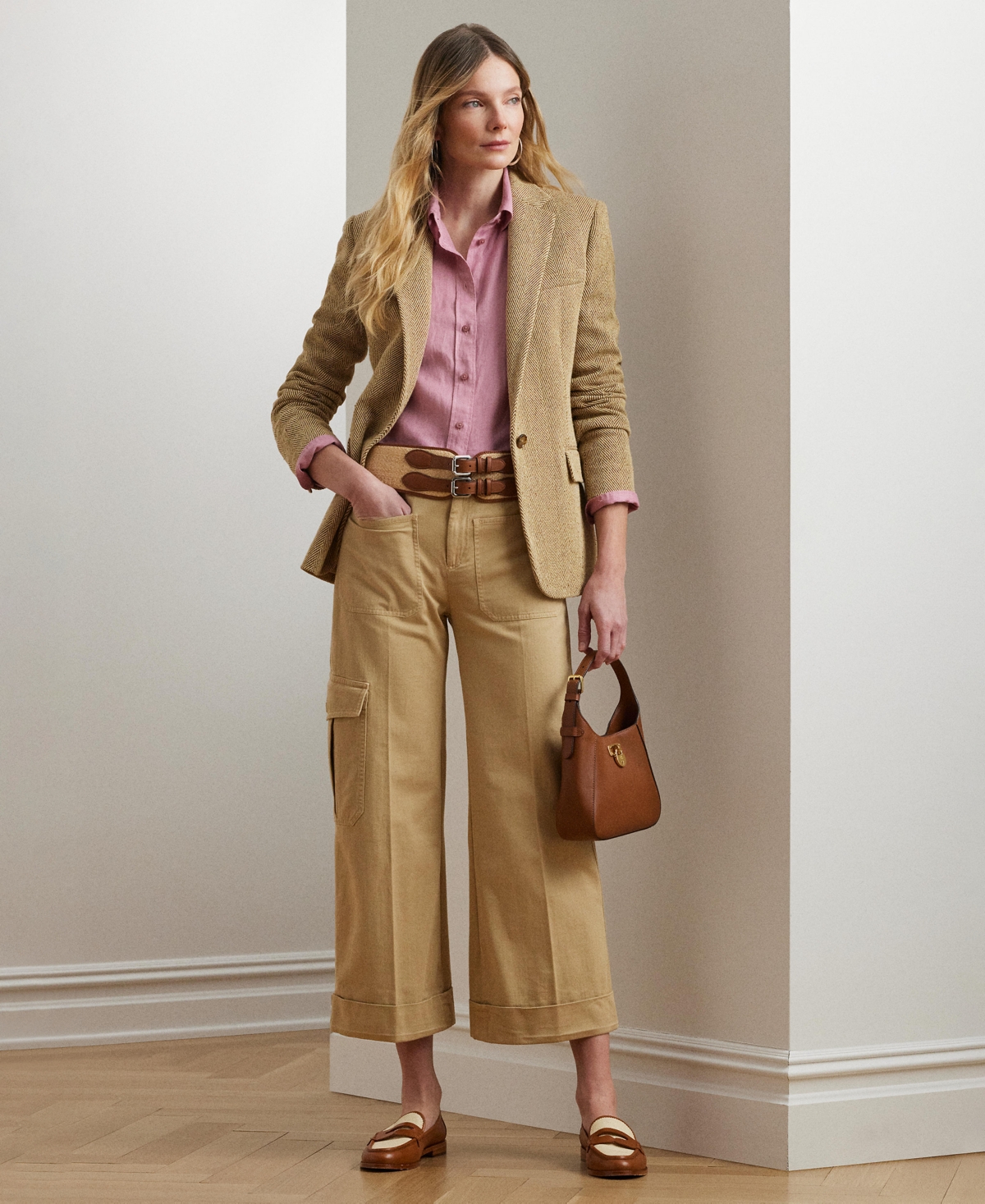 Women's Pleated Cotton Twill Wide-Leg Cargo Pants, Regular & Petite - Sage Green