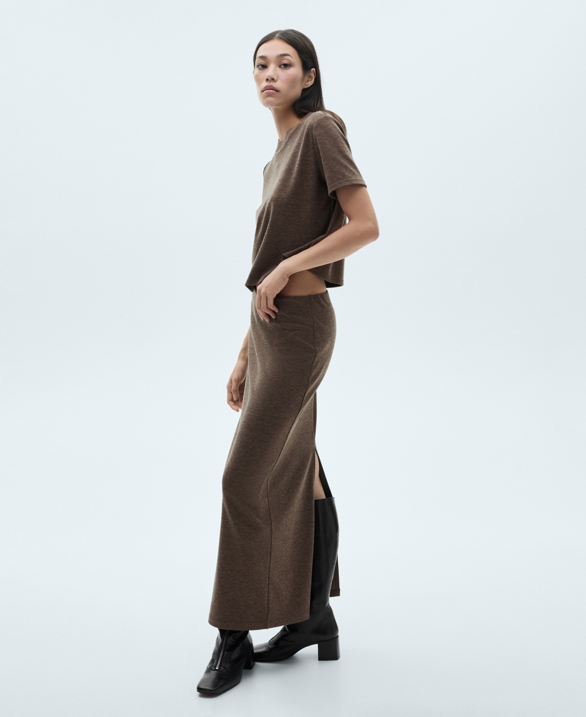 Mango Women's Slit Knitted Midi Skirt In Brown