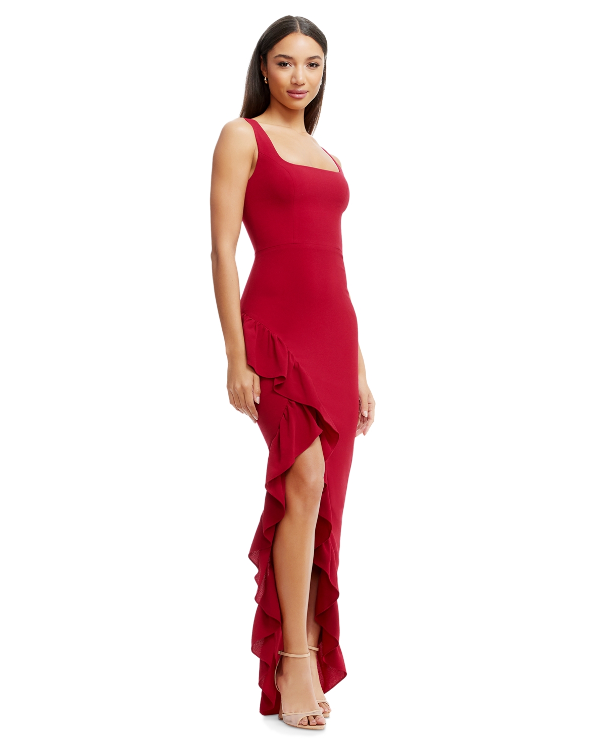 Shop Dress The Population Women's Charlene Ruffled High-low Gown In Garnet