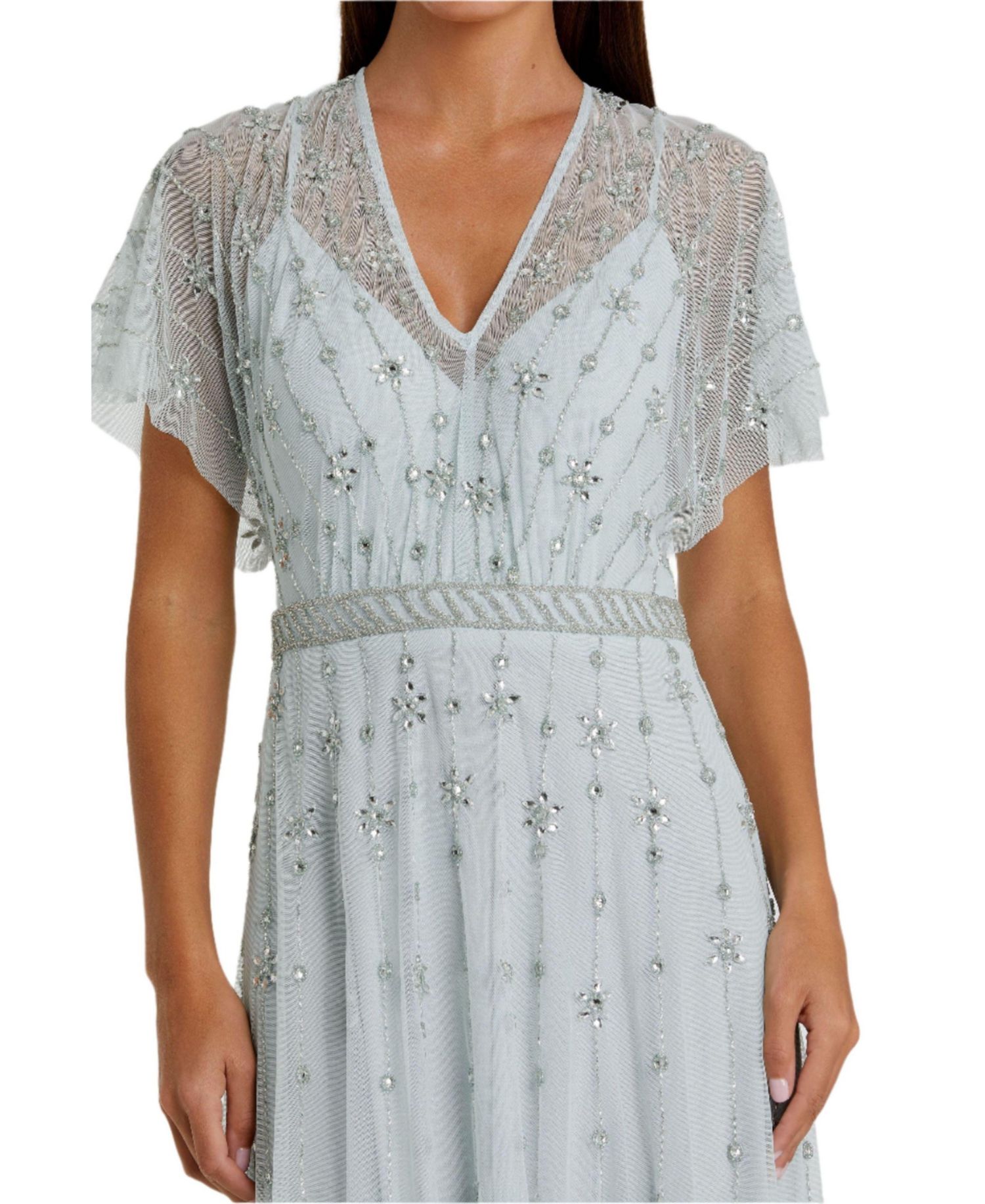 Women's V-Neck Embellished Flutter Sleeve A Line Gown