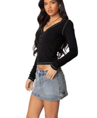 Womens Yael Contrast Stitch Henley Top