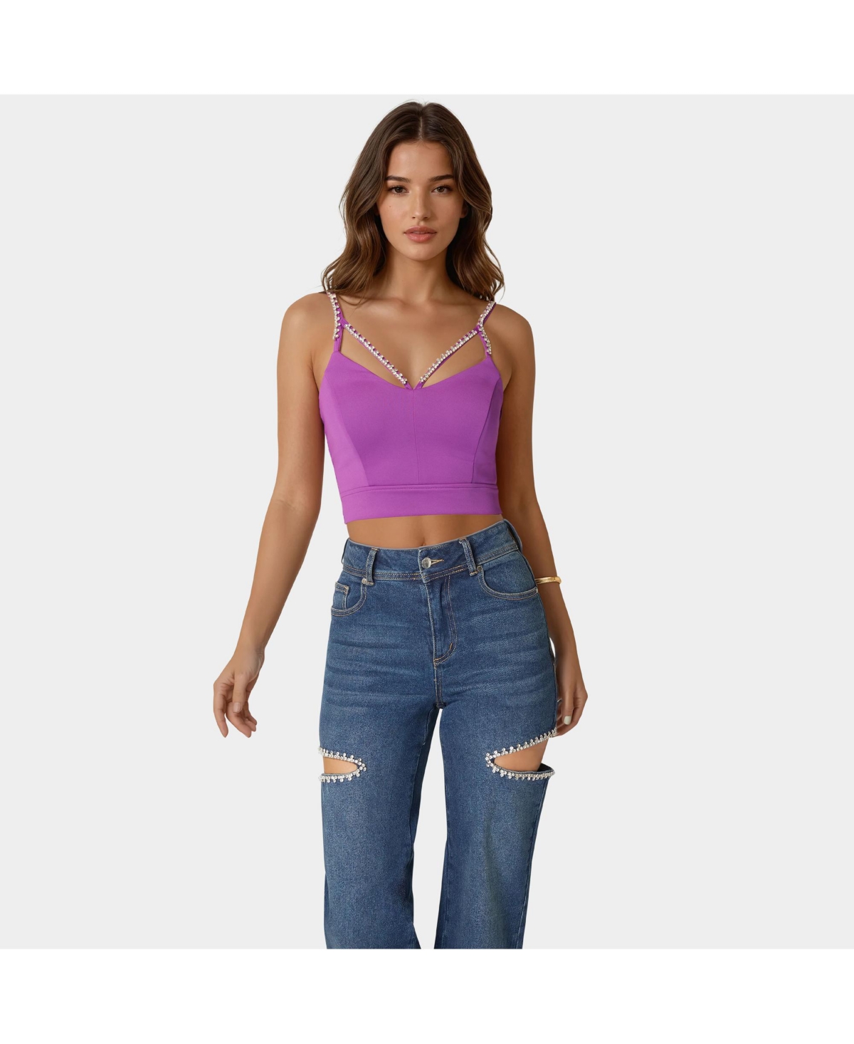 Women's Rhinestone Trim Sleeveless Knit Top - Bright violet