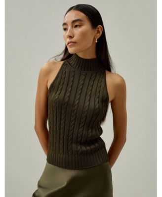 Classic High-Neck Cable-Knit Sleeveless Top for Women