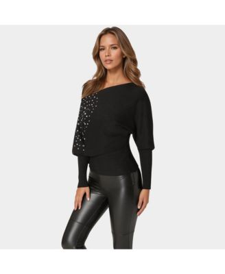 Women's Off Shoulder Studded Dolman Sleeve Sweater
