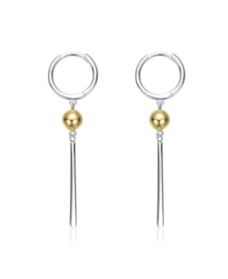 Sterling Silver Two-Tone with 14K Gold Plated Sphere and Sleek White Gold Plated Bars Drop Earrings