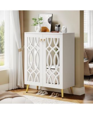 Mirrored Shoe Cabinet, 5-Tier White Modern Shoe Organizer Cabinet with Doors, Wooden Freestanding 25-Pair Shoe Rack Closet Storage Cabinet