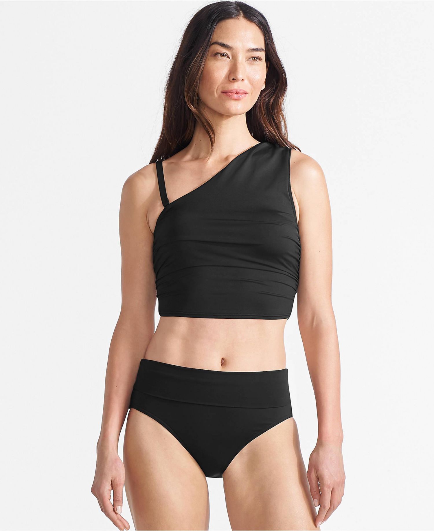 Women's Long Torso Ruched One Shoulder Midkini Top 16.75"