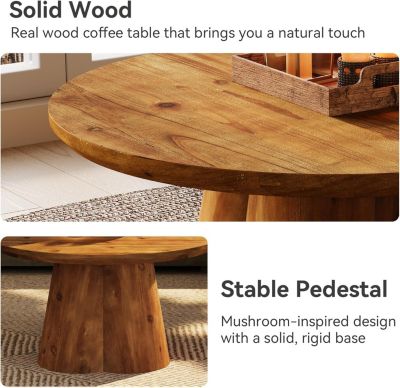 Solid Wood Coffee Table, 31.5-Inch Farmhouse Round Center Tea Table with Robust Base