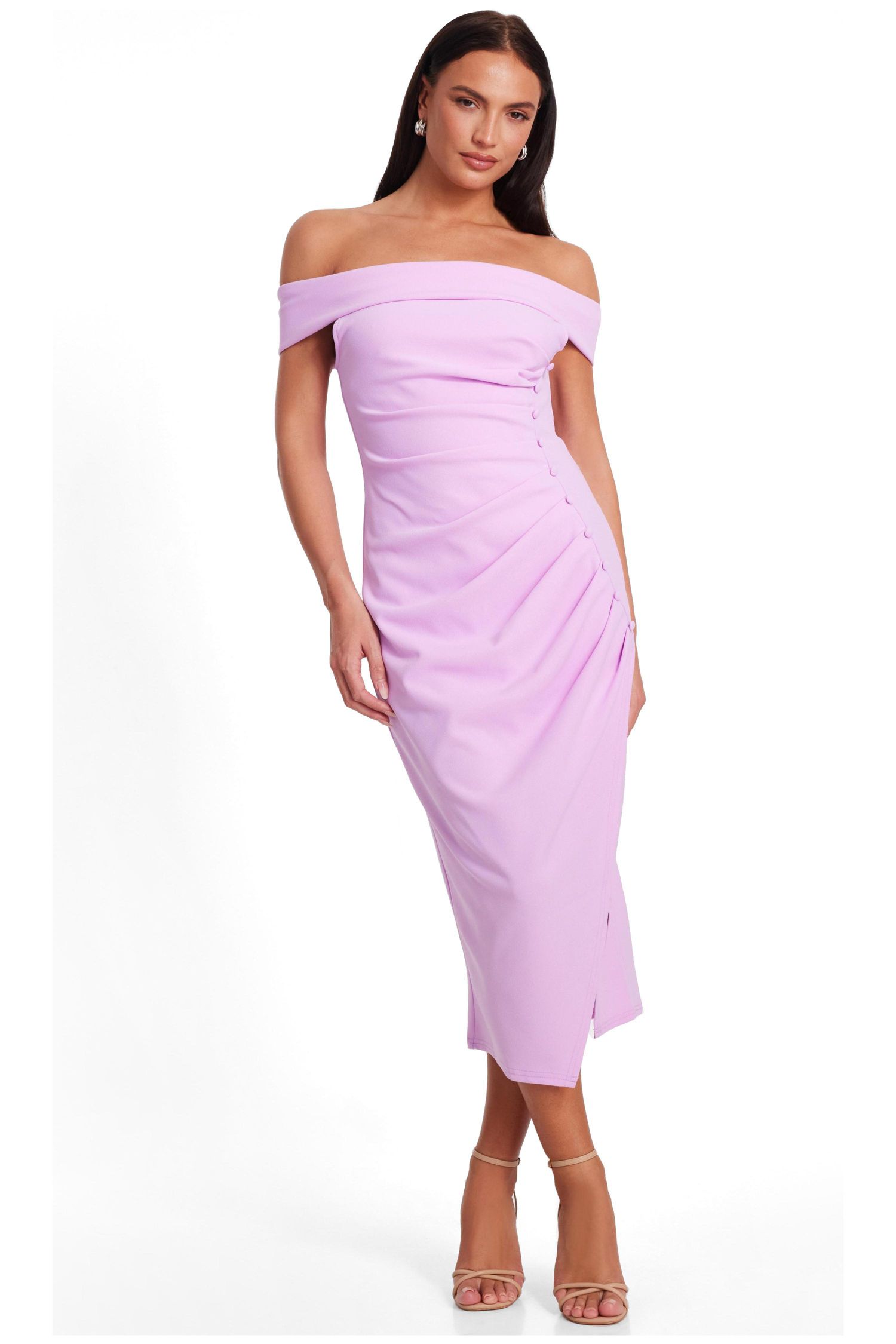 Women's Scuba Crepe Bardot Ruched Midi Dress