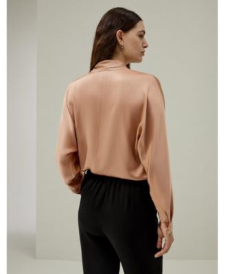 Women's Bat Sleeve Silk Top with Adjustable Neck Tie