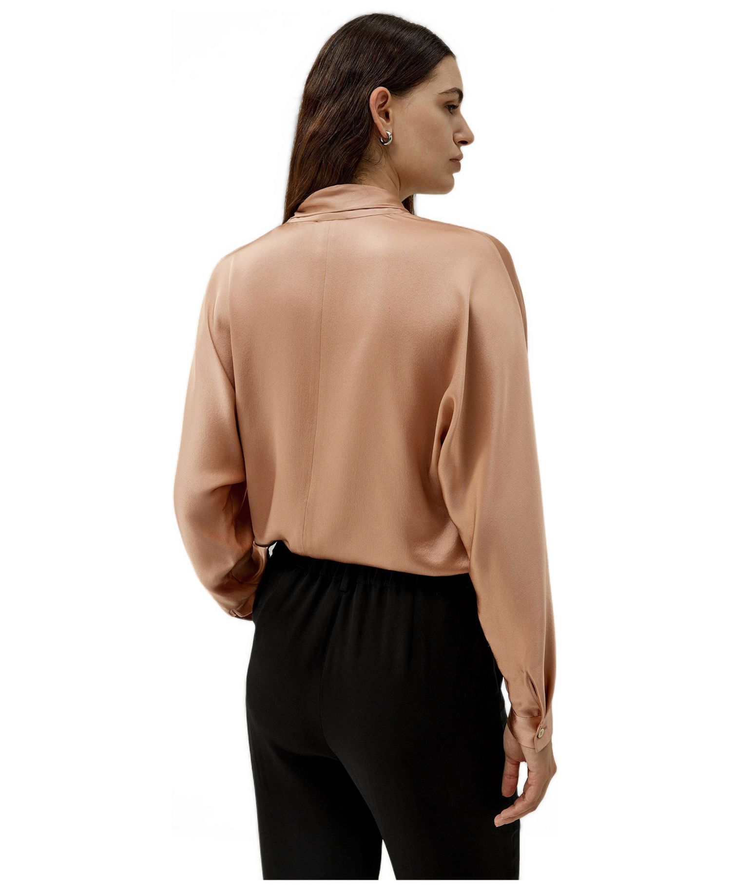 Women's Bat Sleeve Silk Top with Adjustable Neck Tie