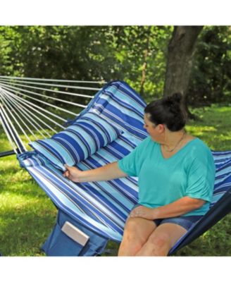 Outdoor Quilted Double Hammock with Pillow and Curved Metal Spreader Bars