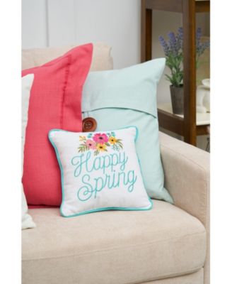 Floral Flowers "Happy Spring" Embroidered Small/Petite Accent Pillow, 10" x 10"