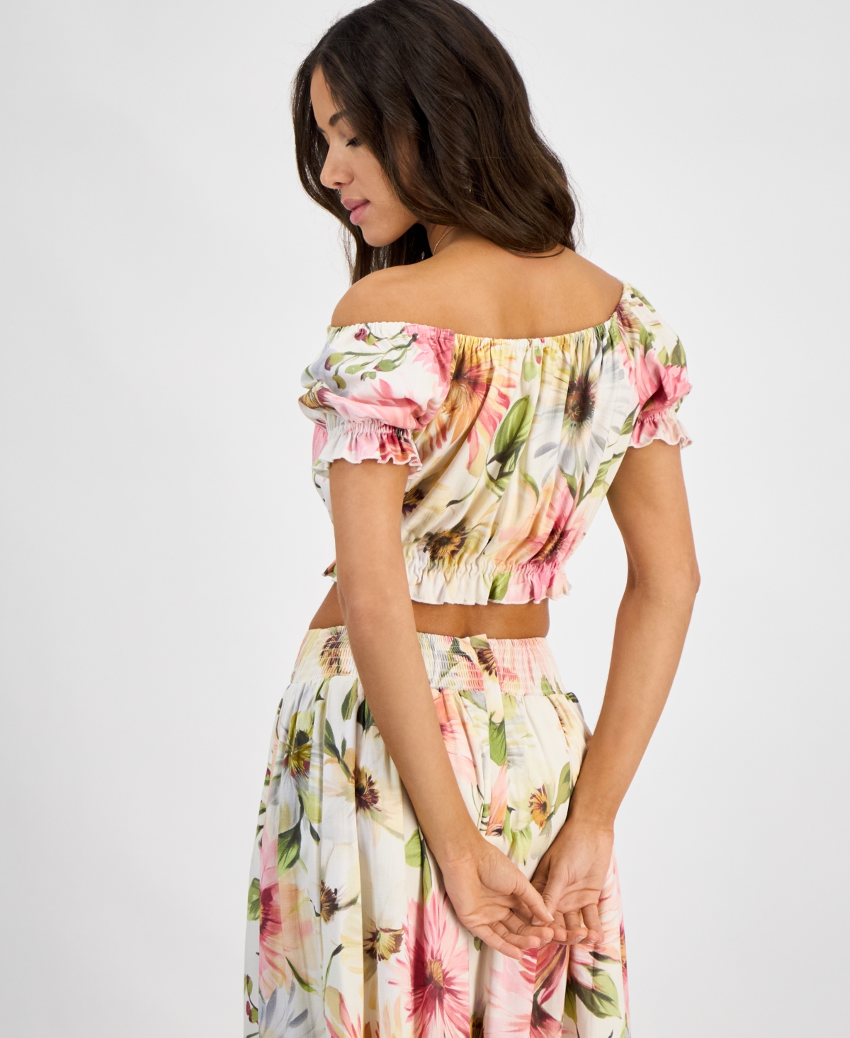 Guess Elodie Cropped Top Matching Midi Skirt In Painted Daisies Print