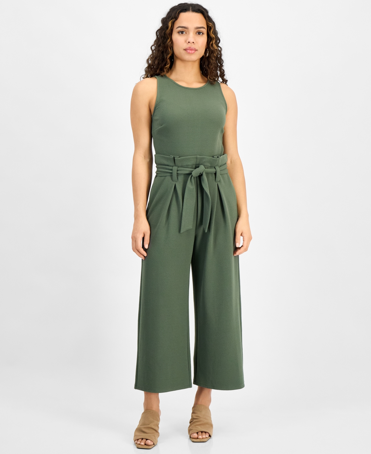 Bar Iii Petite Women's Sleeveless Crewneck Tie-waist Jumpsuit, Created For Macy's In Palmetto