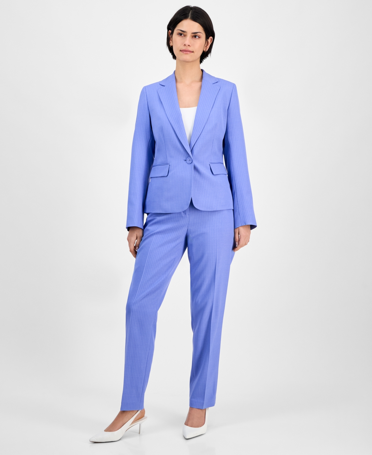 Shop Le Suit Women's Pinstriped Notch-collar One-button Jacket & Straight-leg Mid-rise Pants In Periwinkle,white