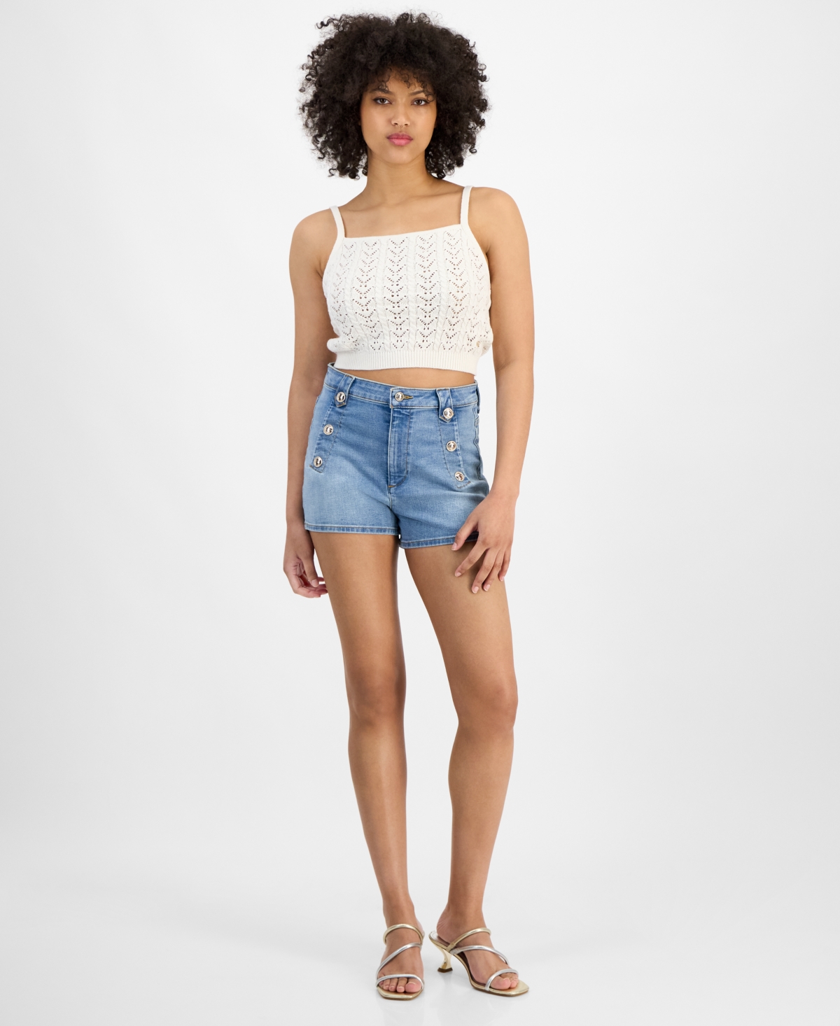 GUESS WOMEN'S RUTH COTTON CROPPED POINTELLE SWEATER 