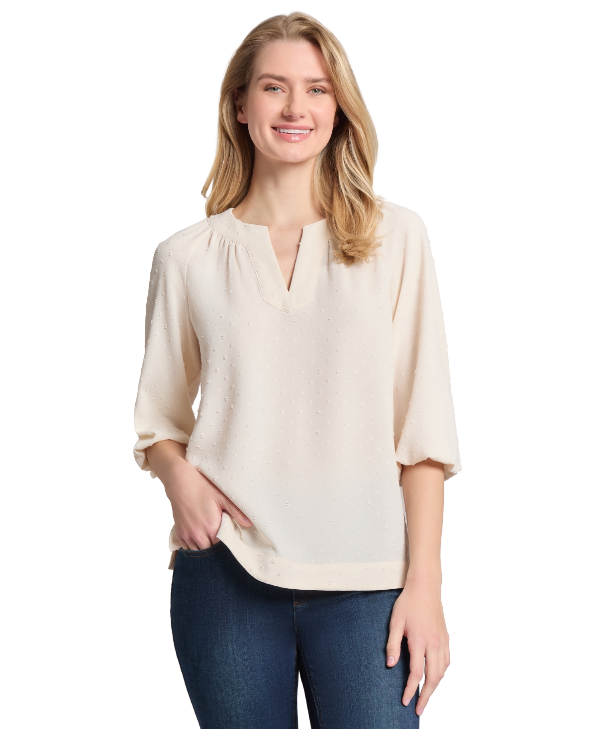 Jones New York Women's 3 Quarter Sleeve Notch Neck Popover Dotted Blouse