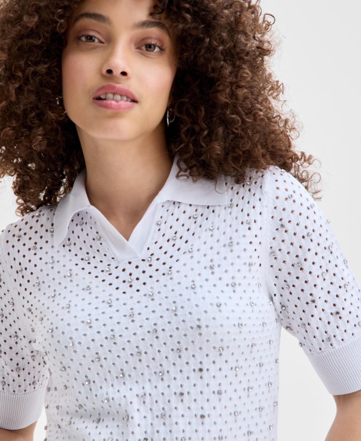 Inc International Concepts Petite Embellished Polo Sweater, Exclusively At Macy's In Bright White