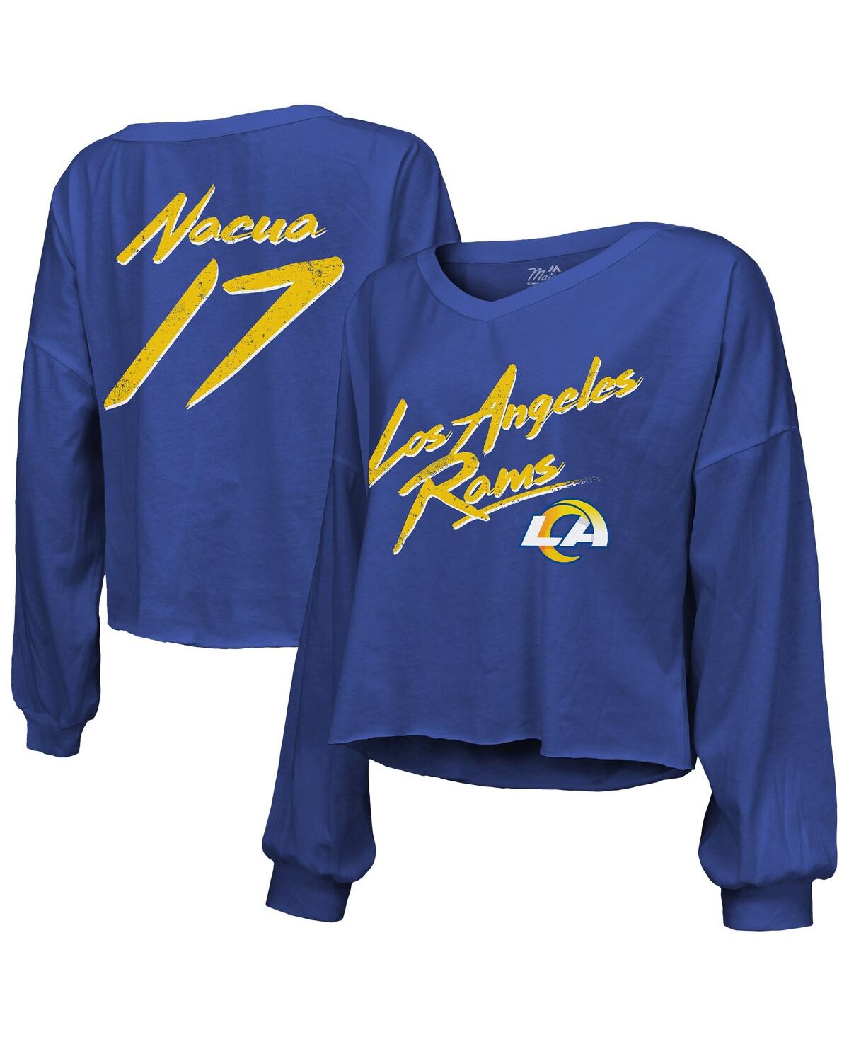 Majestic Threads Women's Puka Nacua Royal Los Angeles Rams Off-shoulder Script Player Name Number Cropped Lon In Royal